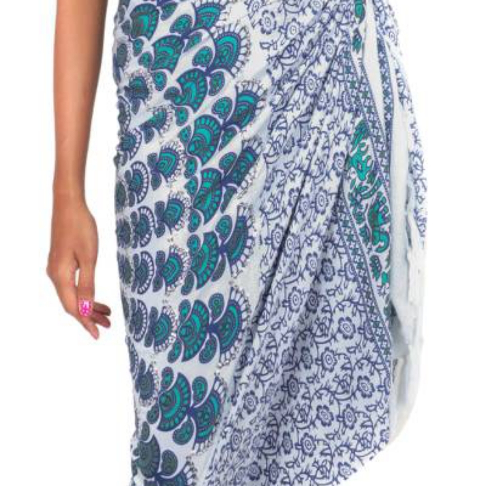 Batik Rayon Sarong in Aqua Blue from Indonesia, "Aqua Sunshine" - Picture 2 of 10